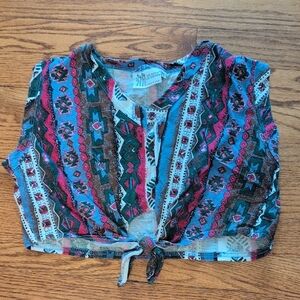 US Boys Non Stop Wear - Vintage Made In USA Tribal Print Tie-Front Top